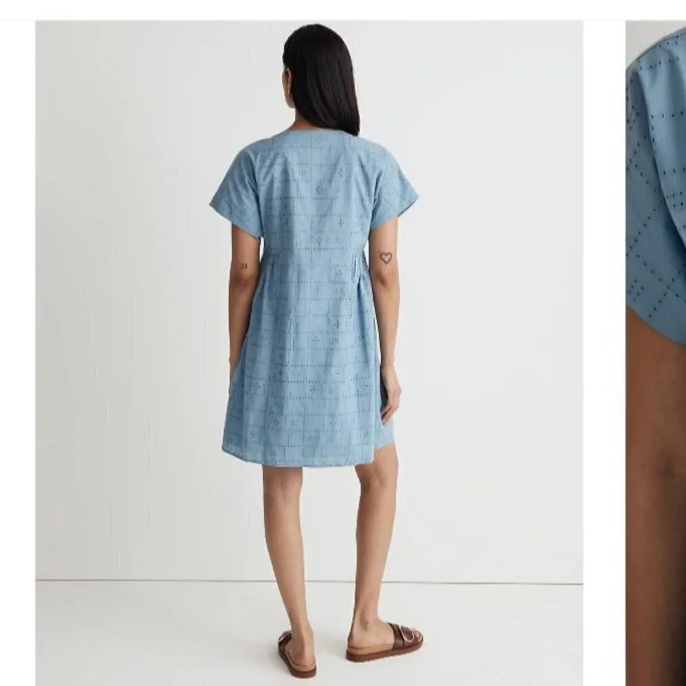 Madewell Button- Front V-neck Flowy A-line Sky Blue Shirt Mini Dress Size Large